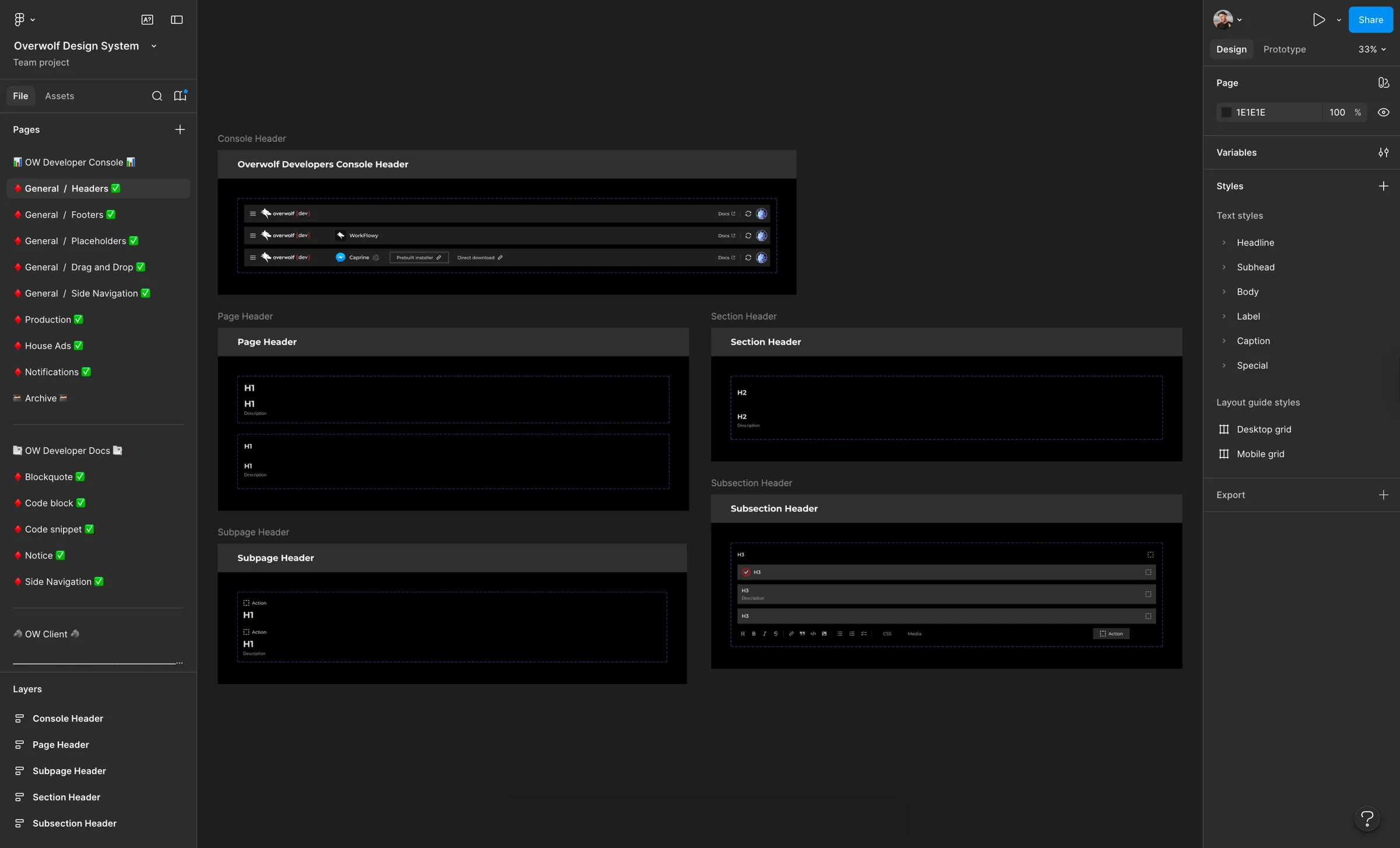 The header library in Figma, five headers for the Developer Console: the console bar, the page header, the subpage header, the section header and the subsection header.