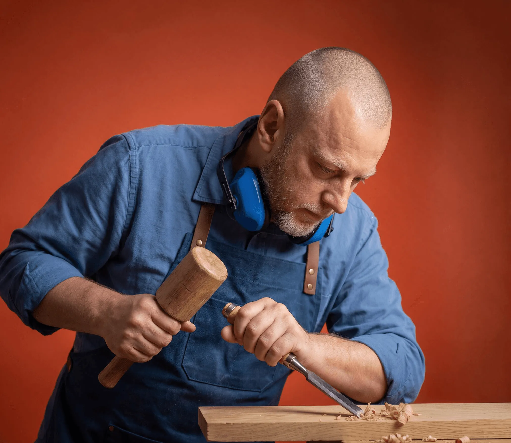 Me as a carpenter, cutting a board with a mallet and chisel, ear defenders round my neck, against an orange ground.