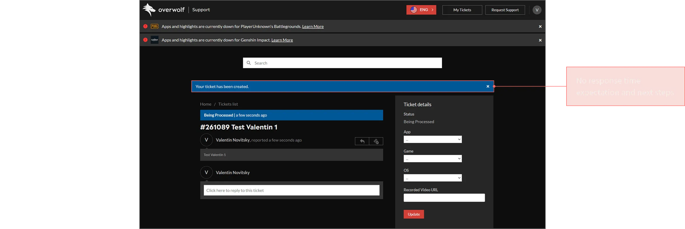 The old ticket confirmation, annotated where no response time is set and no next steps are given.