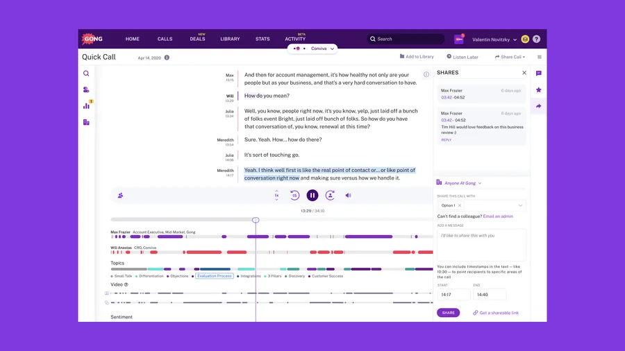 A Gong call page, with the transcript beside the share panel and the speaker timeline running under the player.