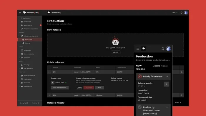 The redesigned release flow, with the release panel open beside the production channel it publishes to.