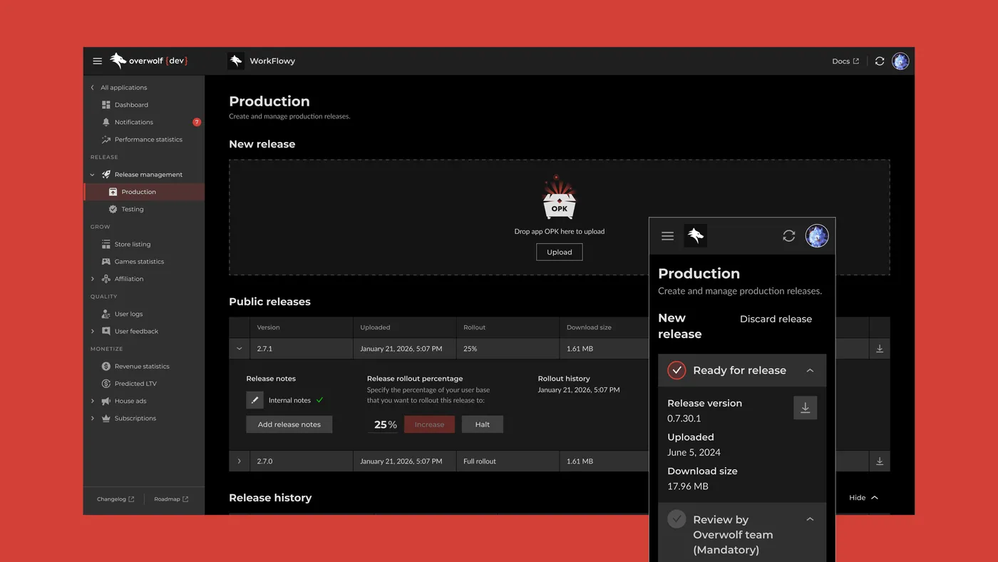 The redesigned release flow, with the release panel open beside the production channel it publishes to.