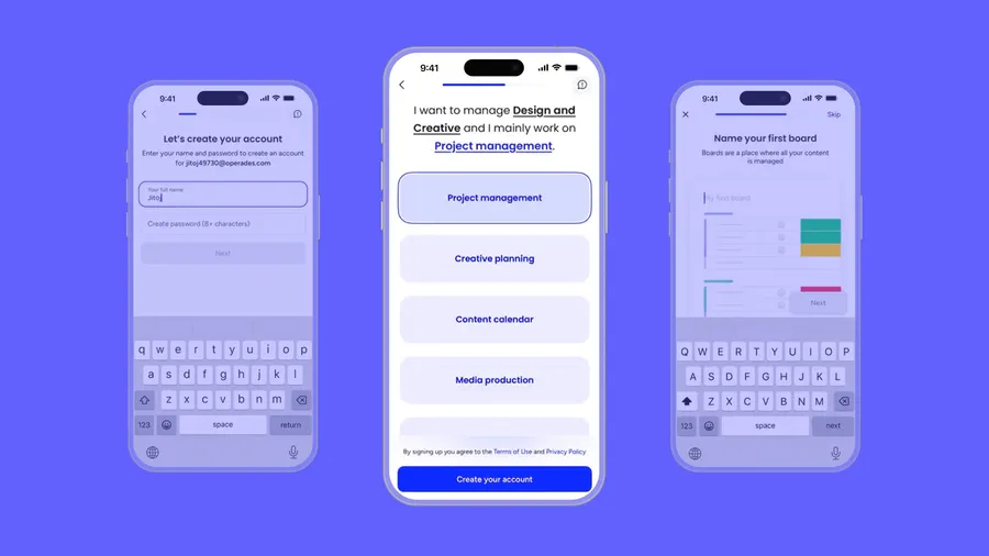 Three phone screens from the monday.com signup flow, running from account creation through picking a use case to naming a first board.