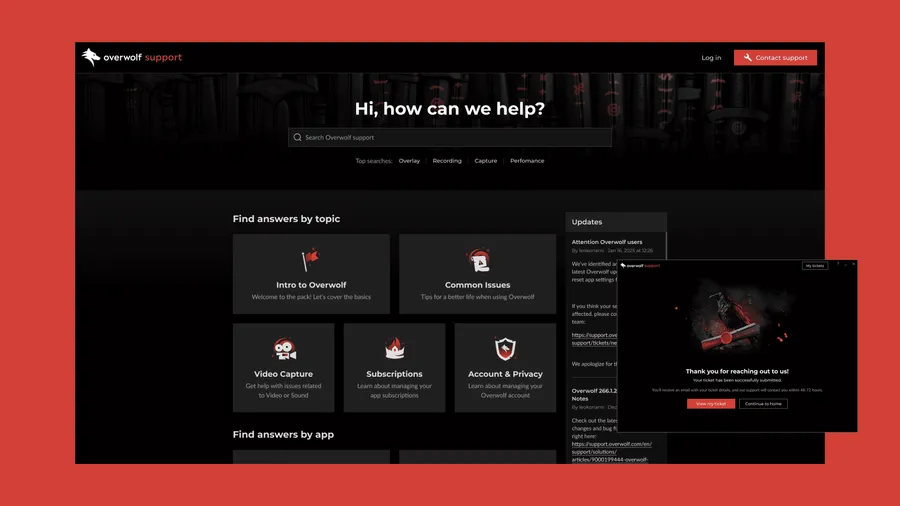 The Overwolf support portal, with the search bar over the topic tiles and a submitted ticket confirmation in the desktop client.