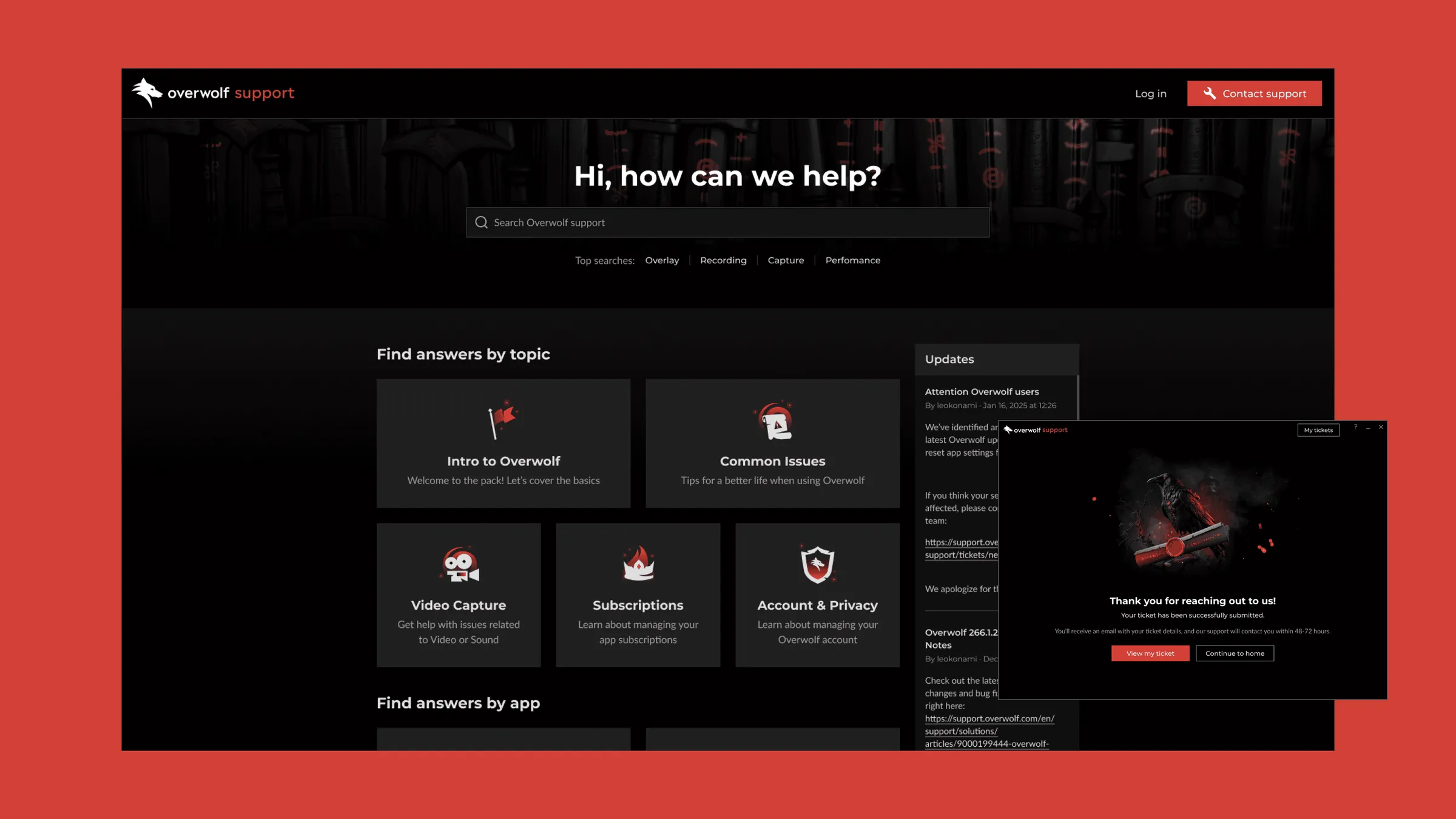 The Overwolf support portal, with the search bar over the topic tiles and a submitted ticket confirmation in the desktop client.