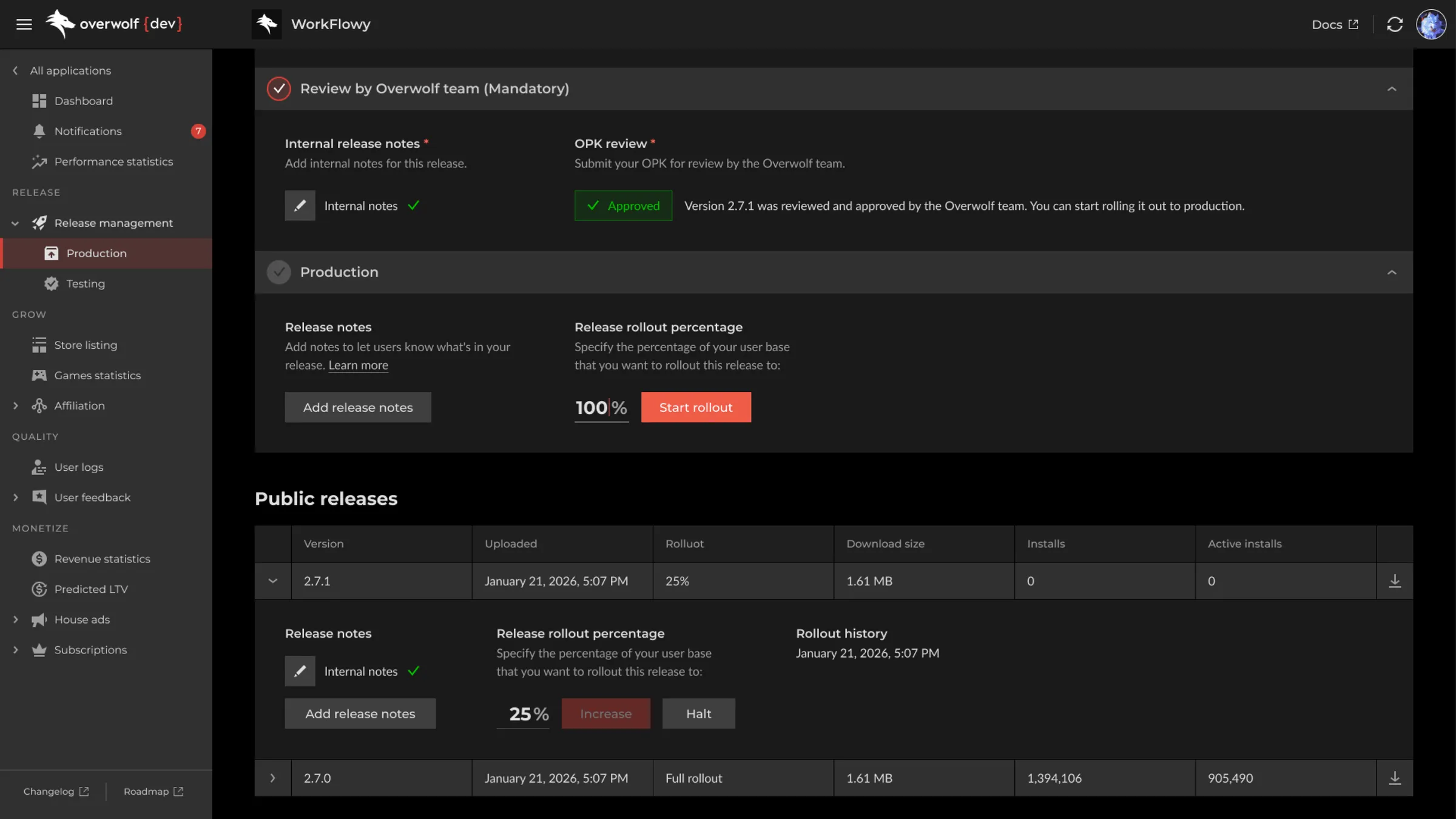 The Public releases pane, carrying Increase and Halt controls on a rollout.