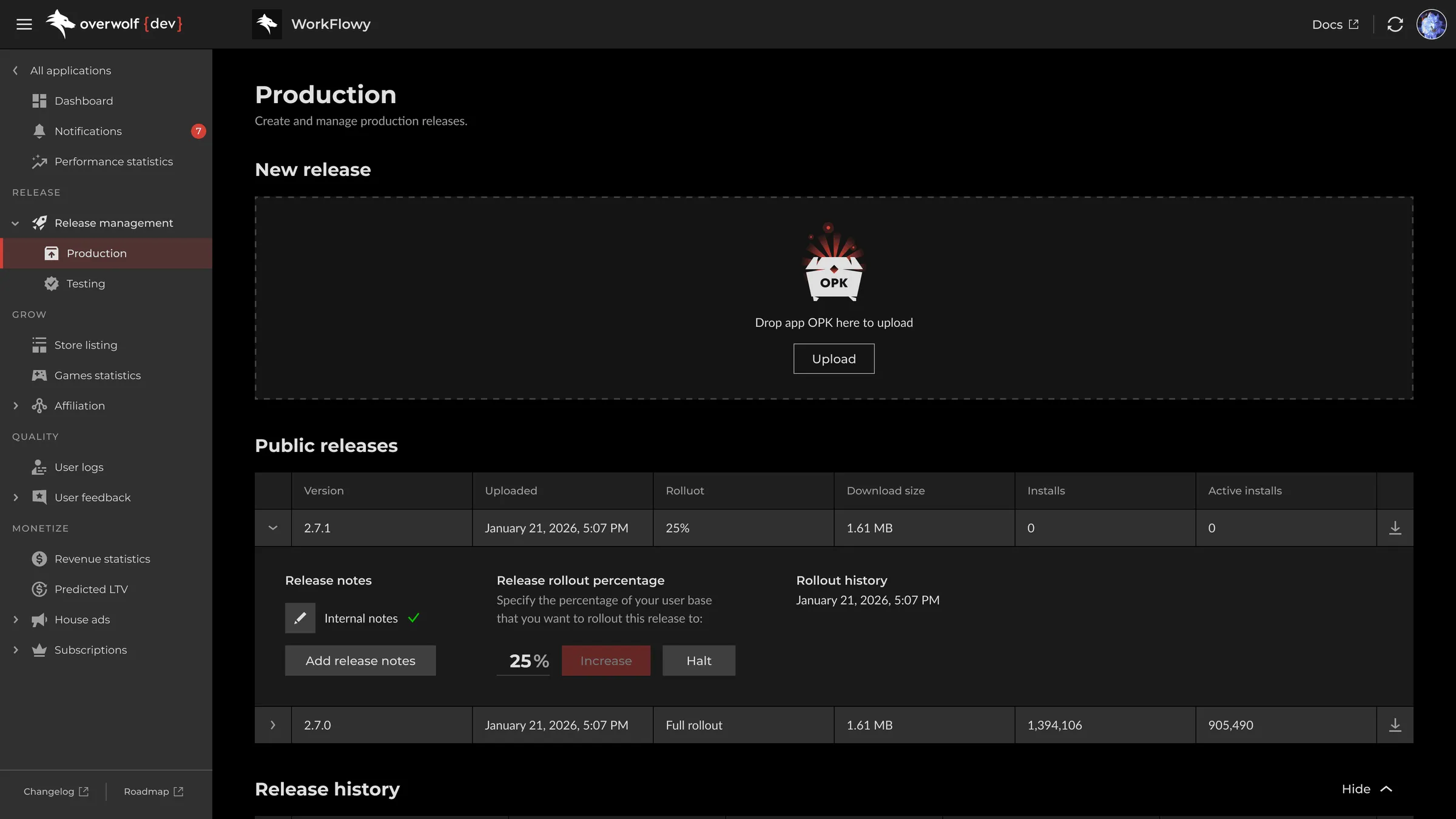 The redesigned Production page, opening on the upload that starts a release.