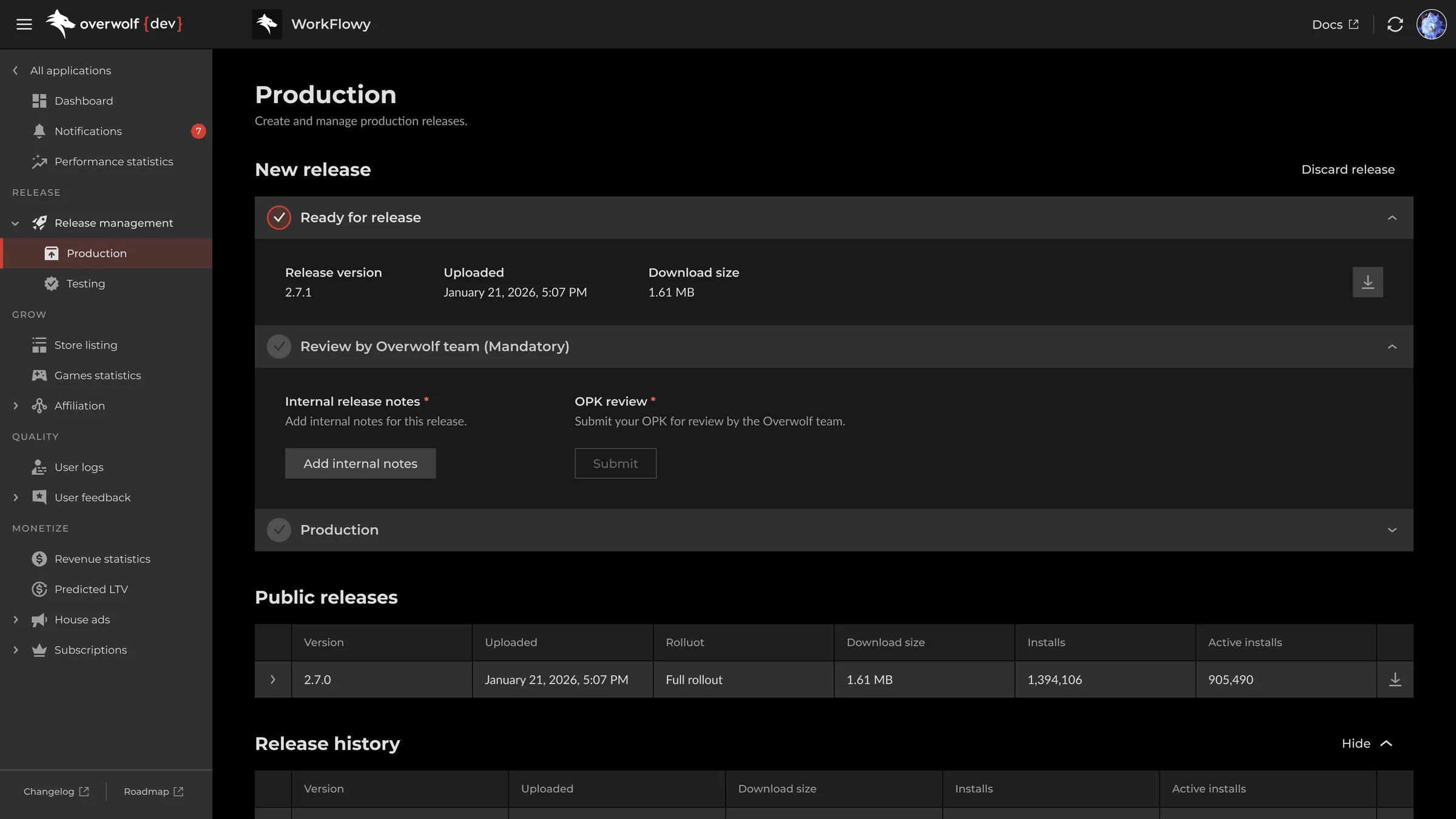 The redesigned release flow as an accordion, stepping through Ready for release, Review by Overwolf team, and Production.