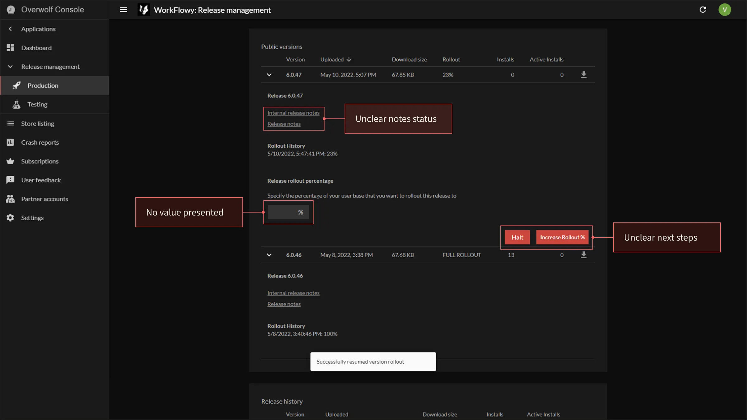 A partially rolled-out release in the old console, annotated where the percentage field carries no value, where the notes status is unclear, and where the next steps are unclear.