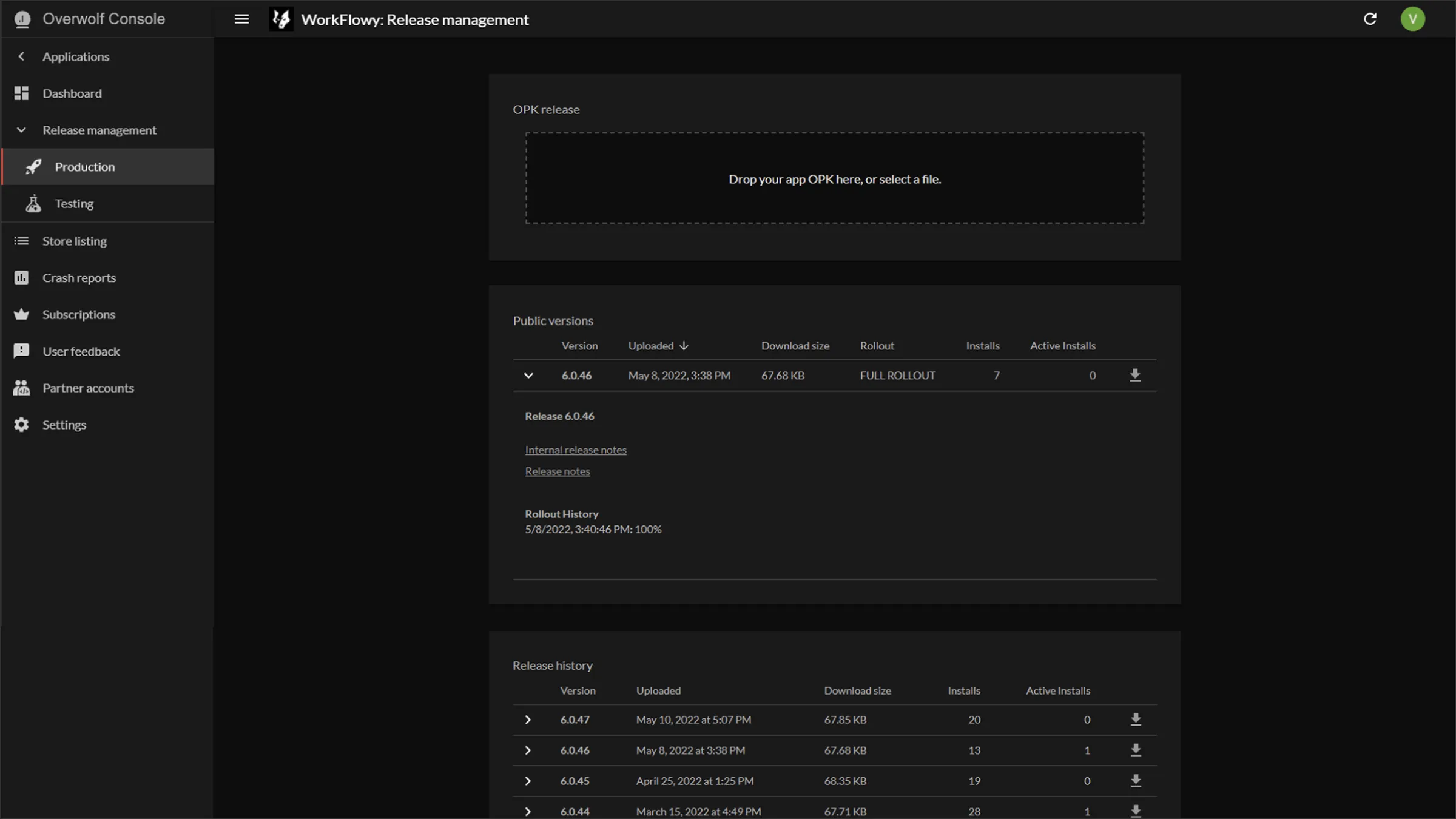 The old Developer Console release page, built outside the design system.