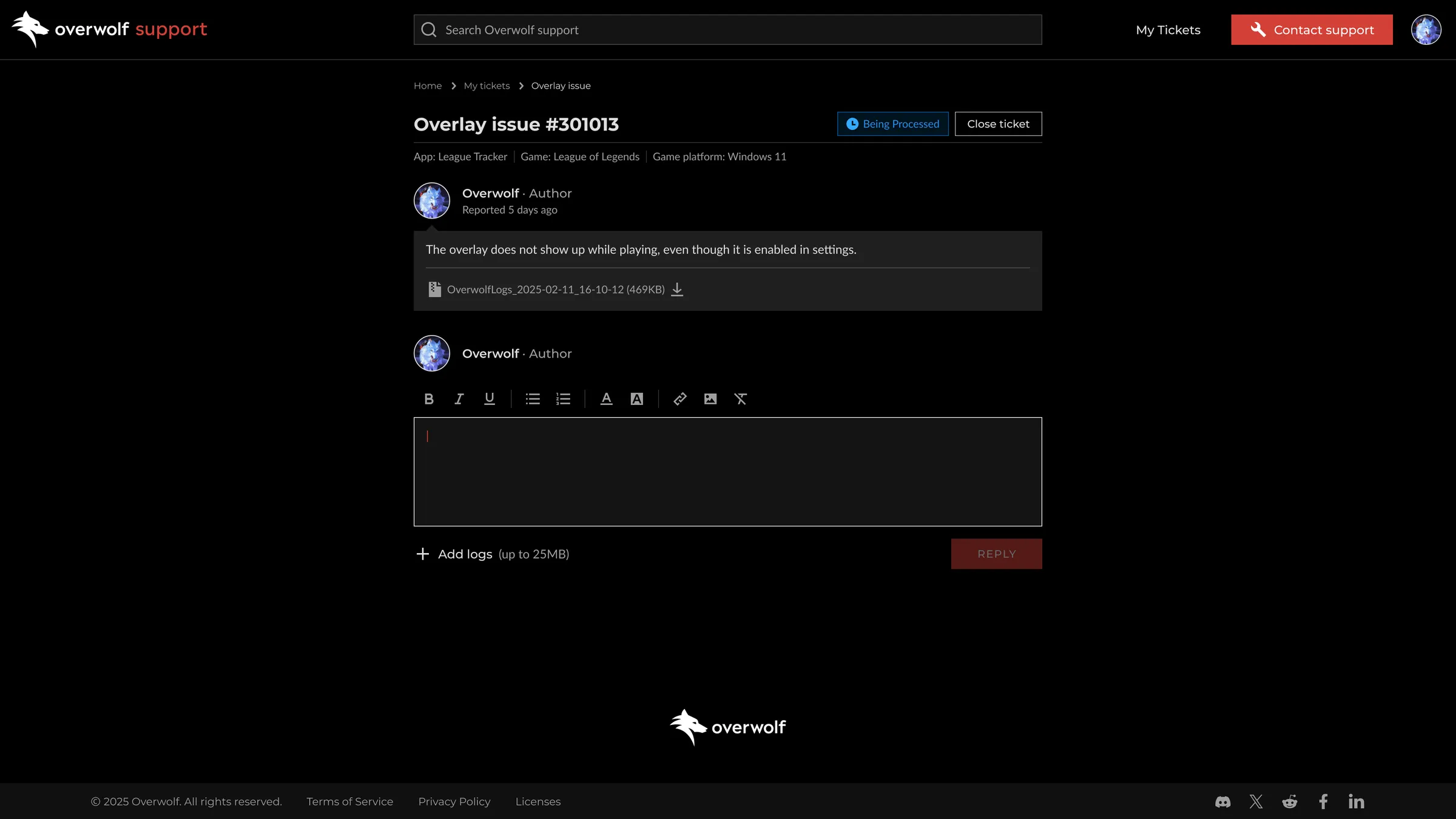 The redesigned open ticket page, laid out as a conversation.