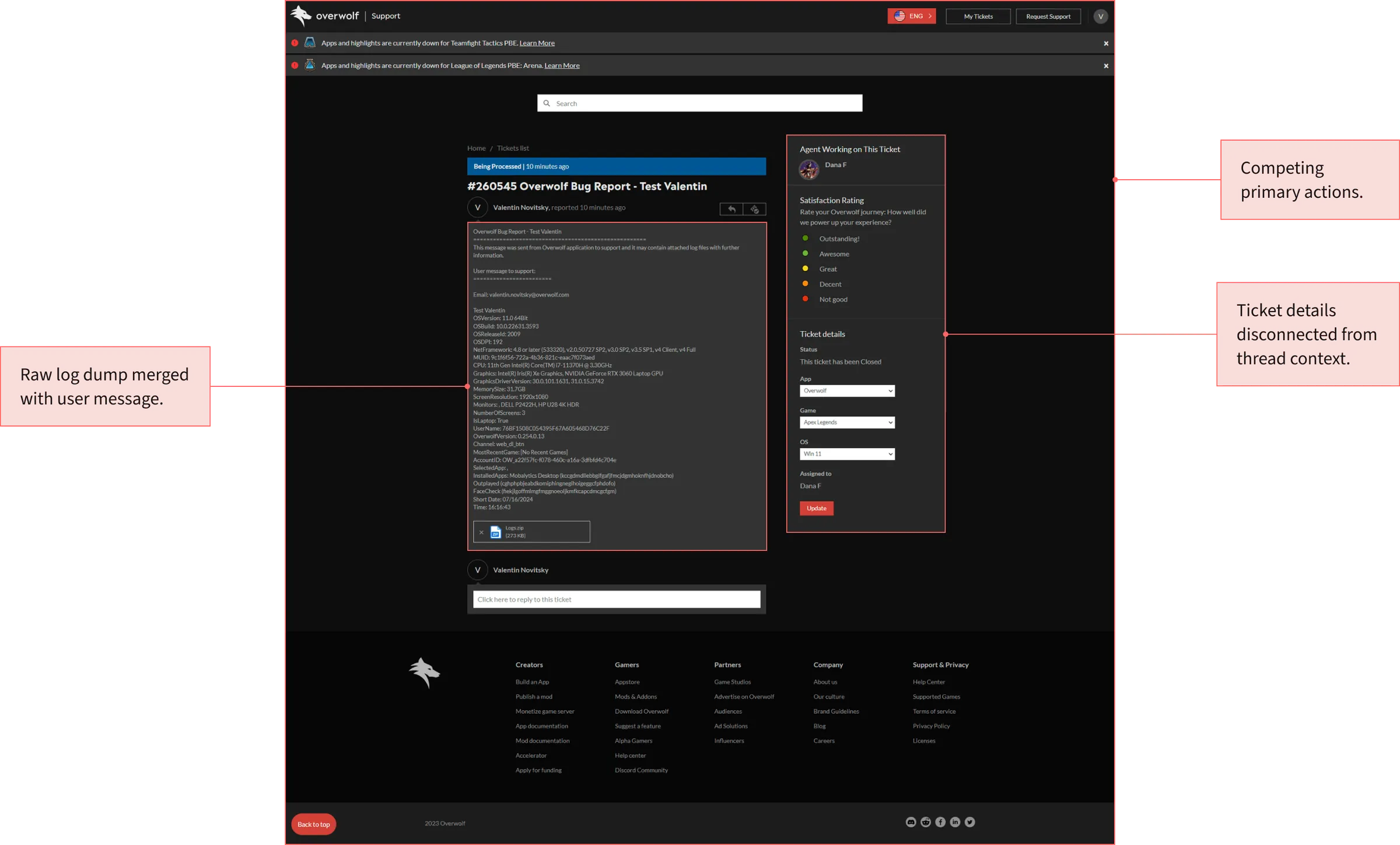 The old open ticket page, annotated where a raw log dump is merged into the user message, where two primary actions compete, and where the ticket details stand apart from the thread they belong to.