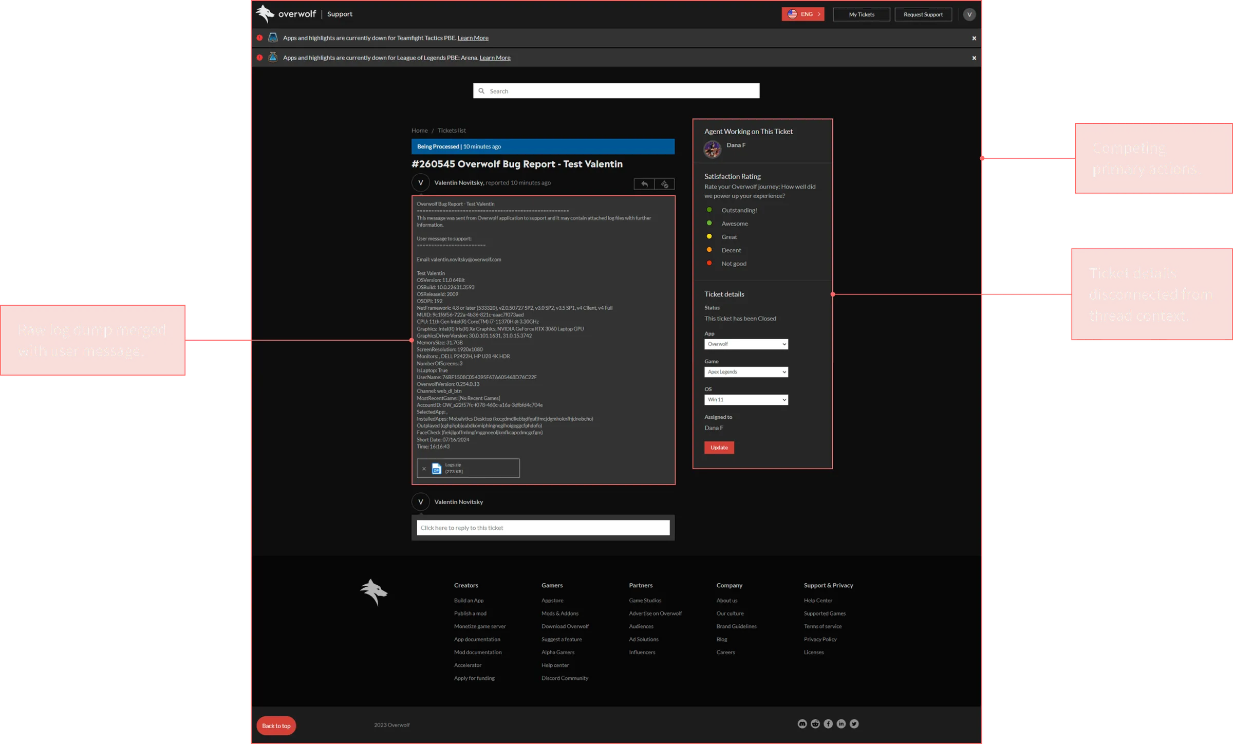 The old open ticket page, annotated where a raw log dump is merged into the user message, where two primary actions compete, and where the ticket details stand apart from the thread they belong to.