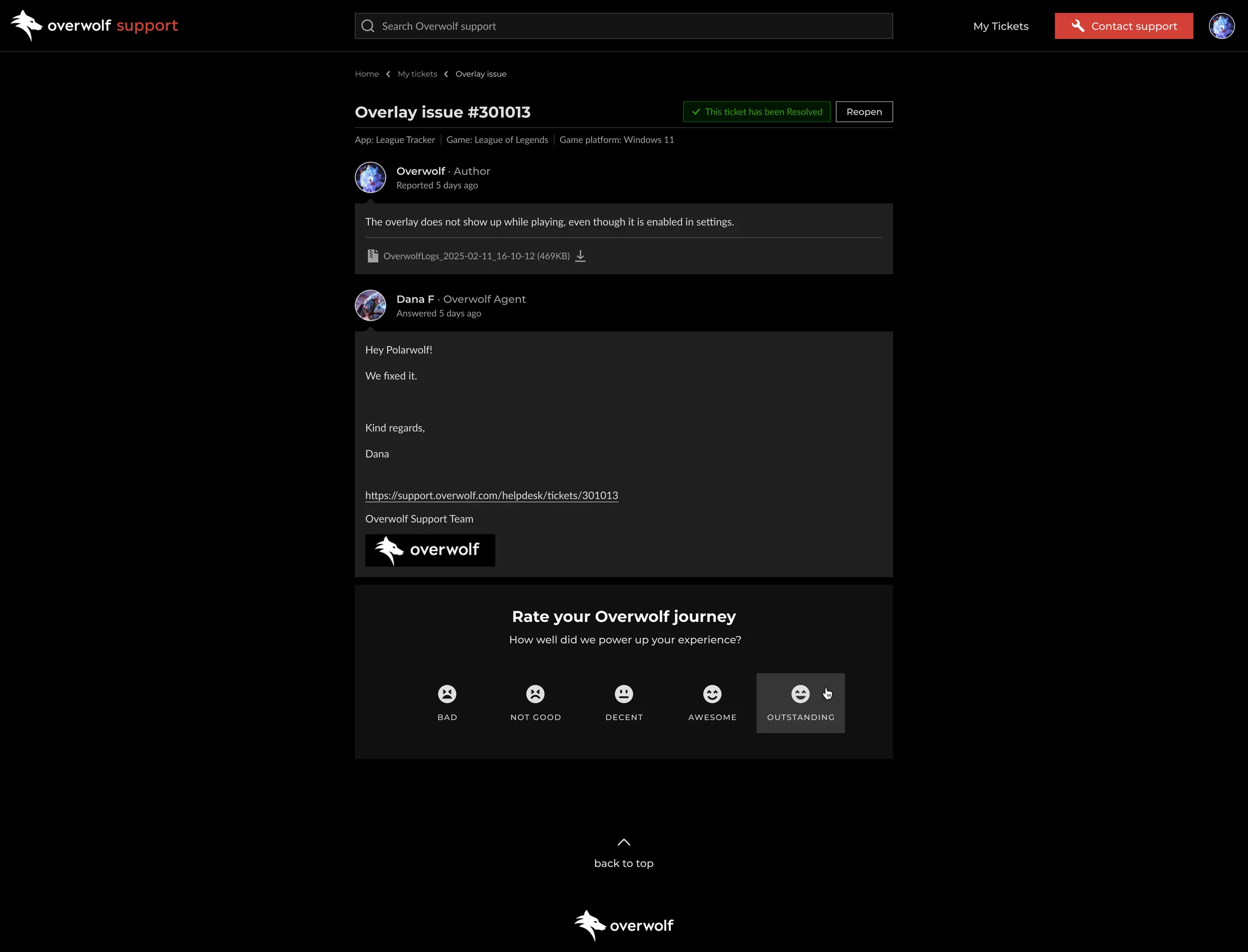 The same page once the ticket is resolved.