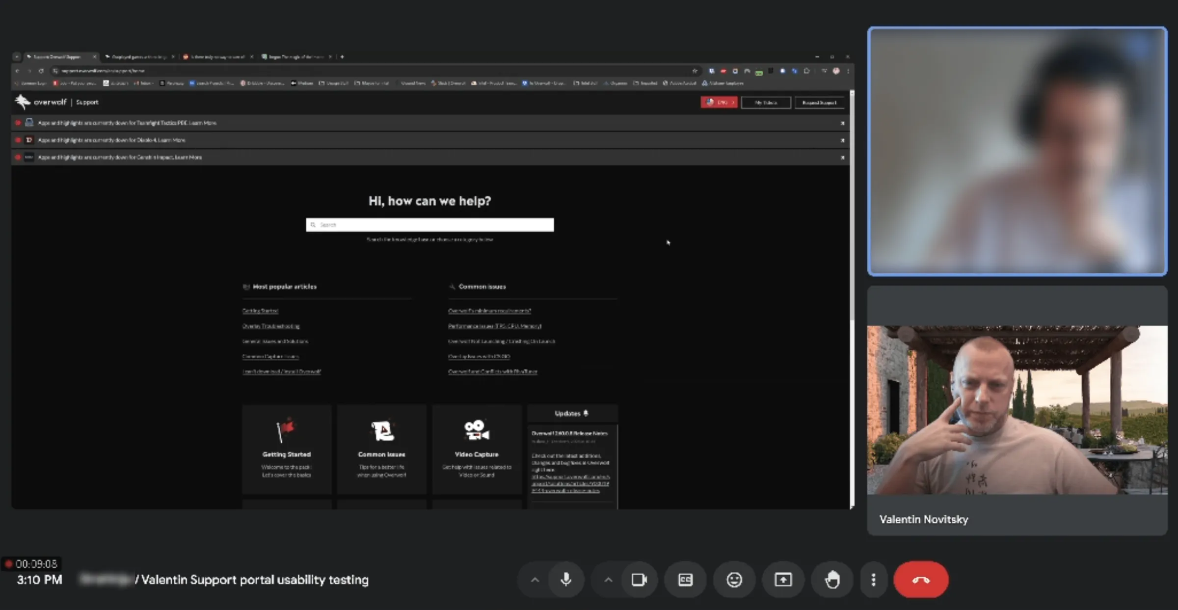 A moderated usability session over a video call, the old support homepage shared on screen.