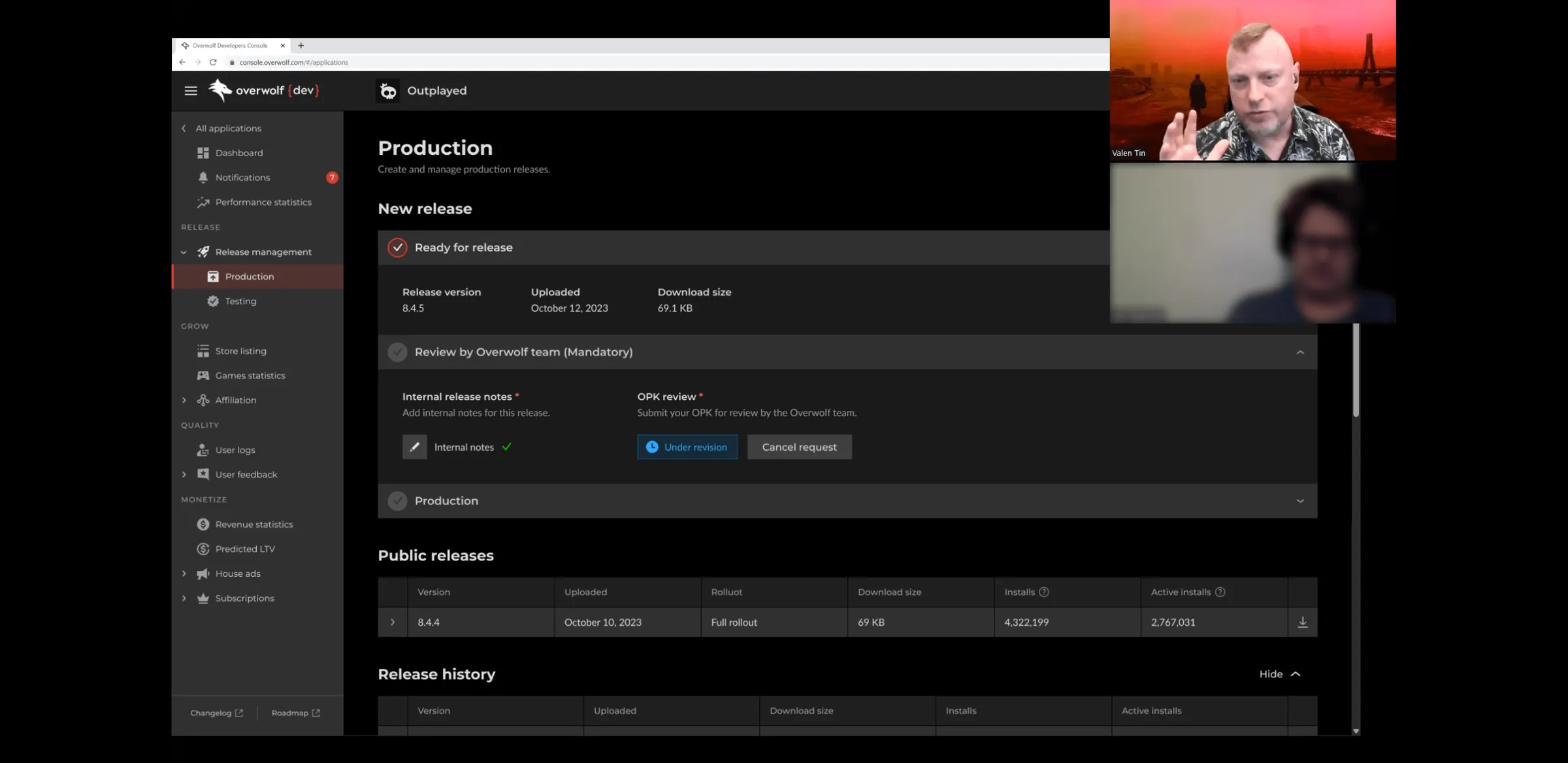 A recorded post-launch session: the redesigned Production page shared over a video call.