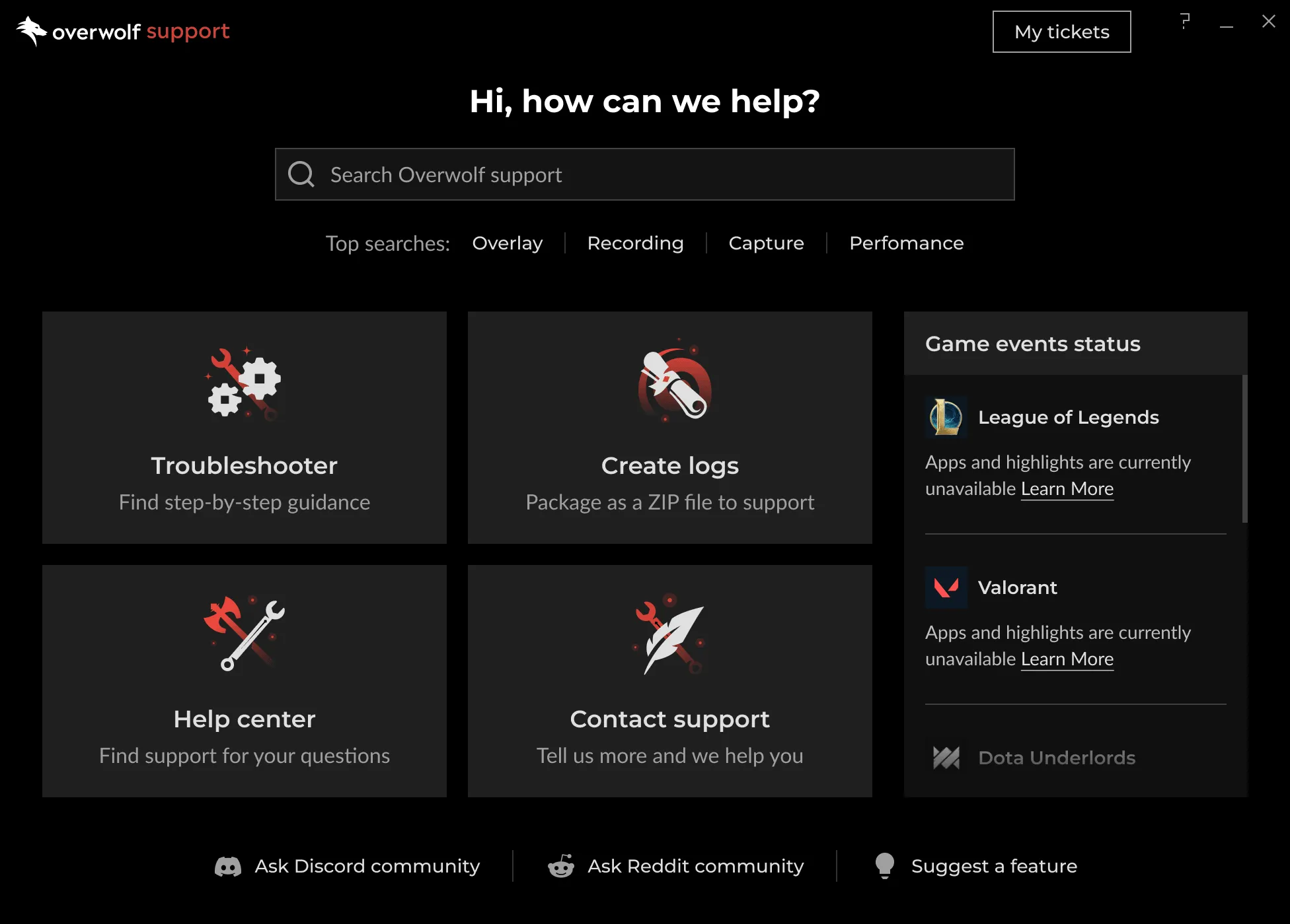 The redesigned in-client support widget, home.