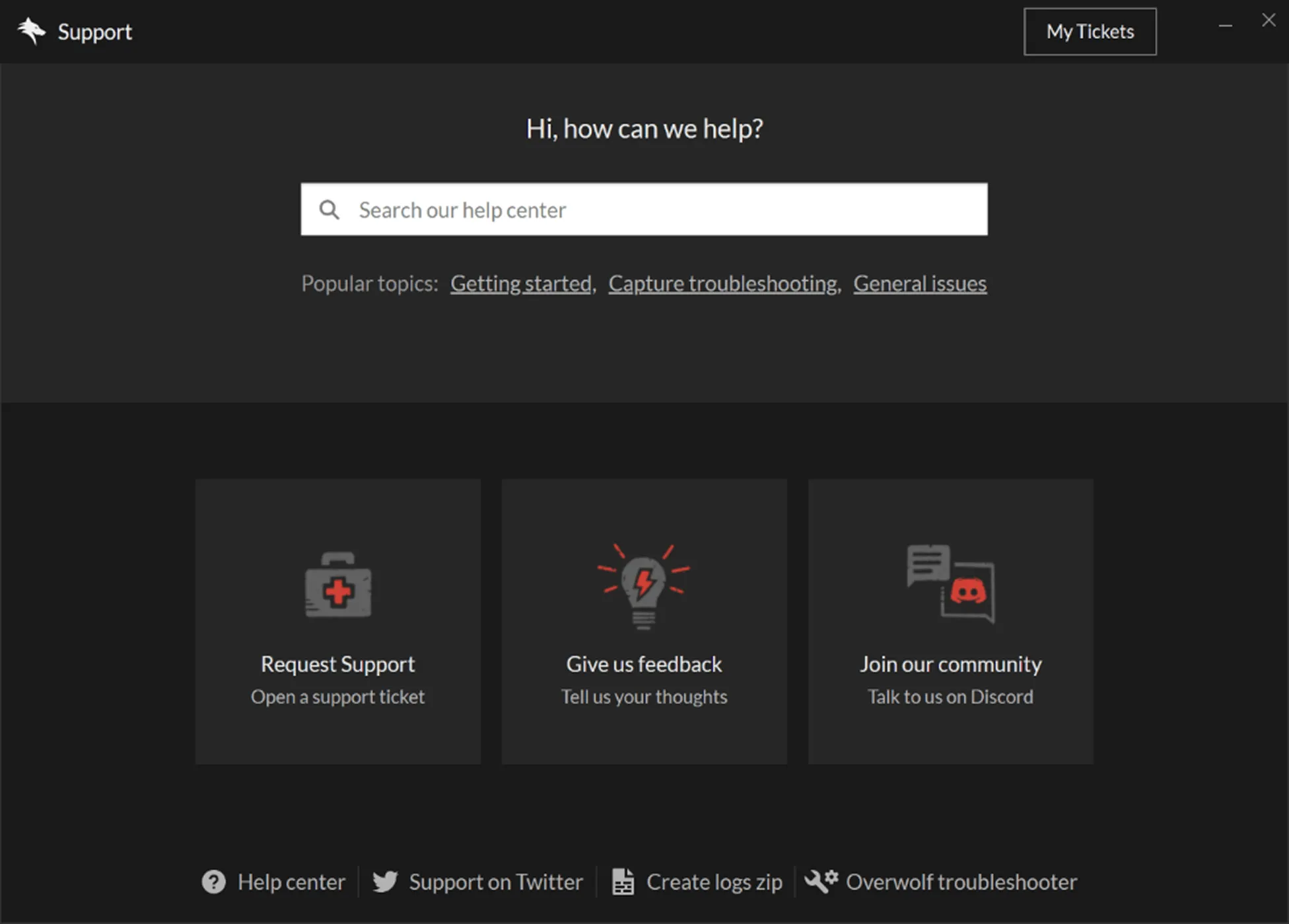 The old in-client support widget, home.