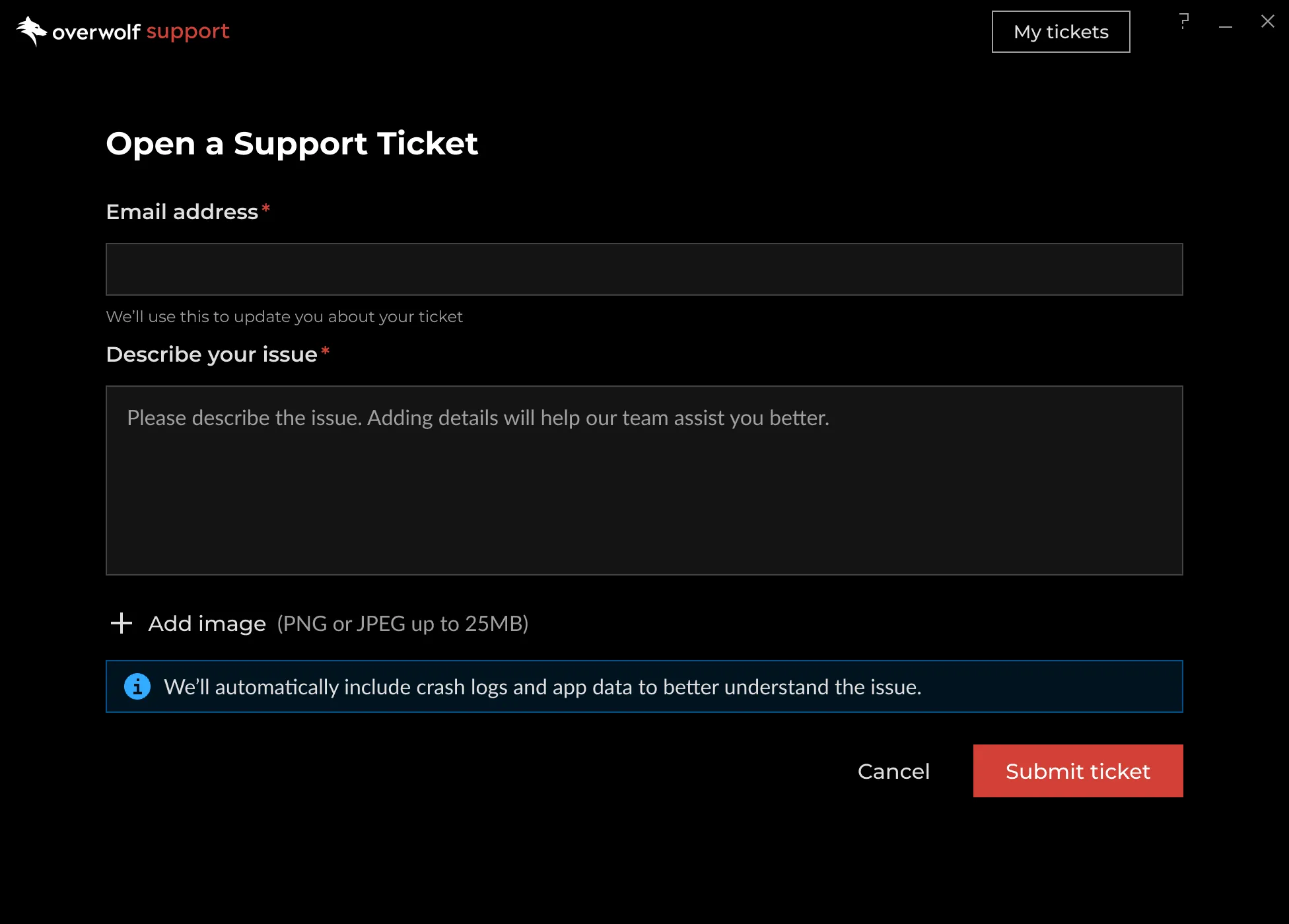 The redesigned in-client support widget, opening a ticket.
