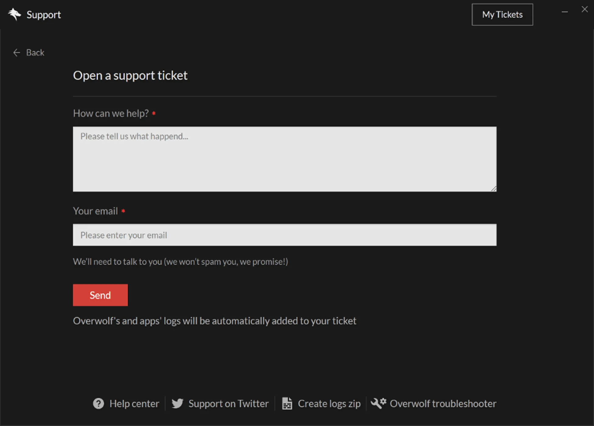 The old in-client support widget, opening a ticket.